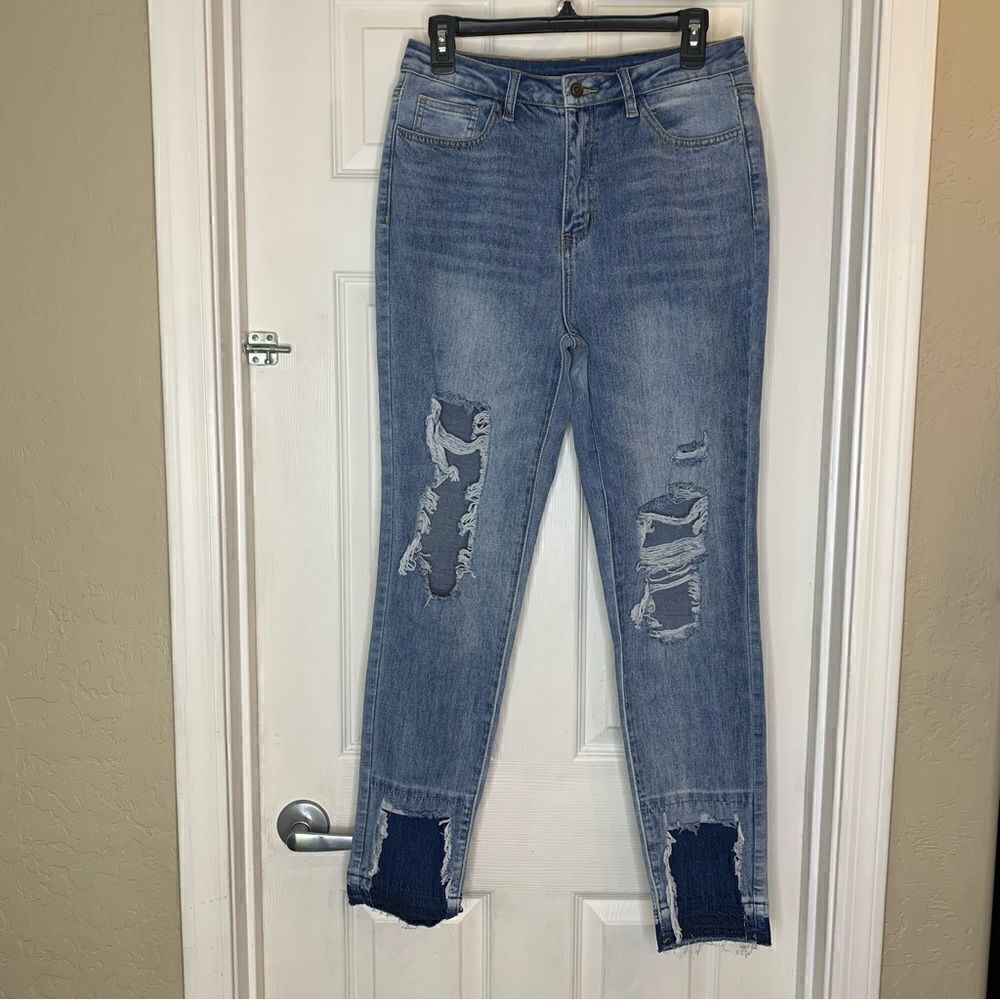 Shein Distressed Raw Hem Patchwork High Rise Jeans Size Large